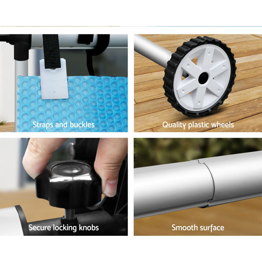 Aquabuddy 8x4.2m Pool Cover Roller Combo featuring a durable aluminium roller and a blue and silver solar blanket for effective pool maintenance.